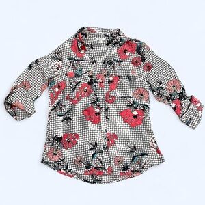 Candies XS Black White Pink Floral Button Down Roll Tab Blouse Top Vintage Y2K